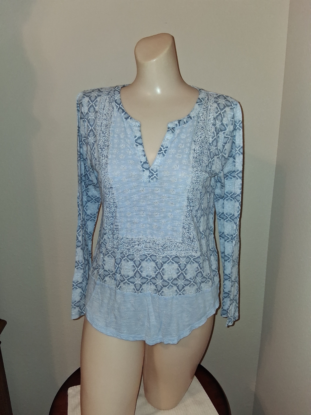 Lucky Brand Light Blue Printed Long Sleeve Peasant Blouse